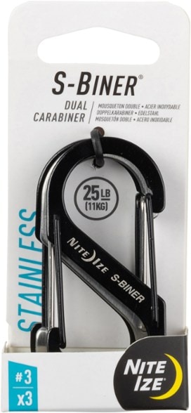 Three stainless steel carabiners displayed on a wooden surface, showcasing their dual spring gate feature.