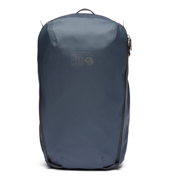 Mountain Hardwear Simcoe 28 pack, shown from the front with full panel zip open, revealing a laptop sleeve and internal organization.