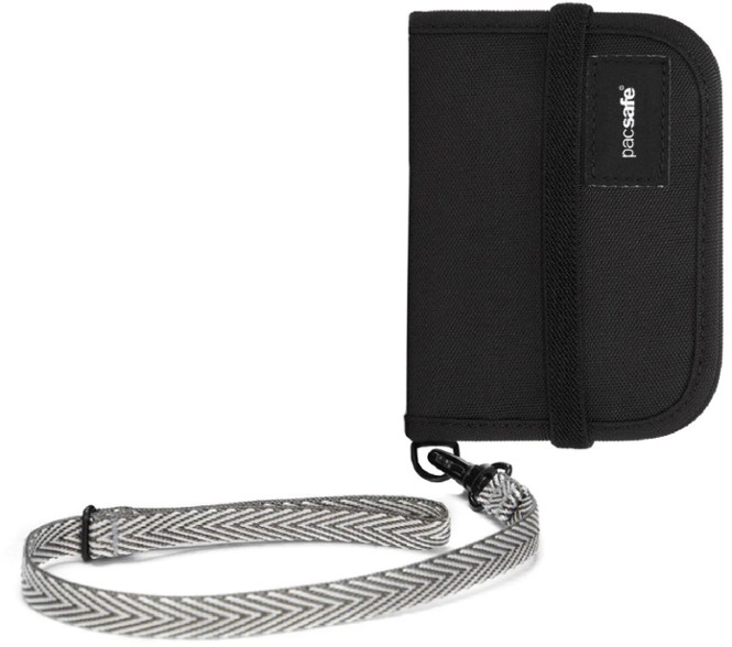 Front view of the Pacsafe V50 RFID wallet showing bi-fold design and card slots