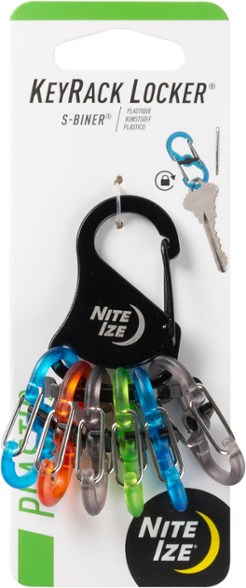 Close-up view of the Nite Ize S-Biner KeyRack keychain highlighting its colorful S-Biners and stainless-steel clip.