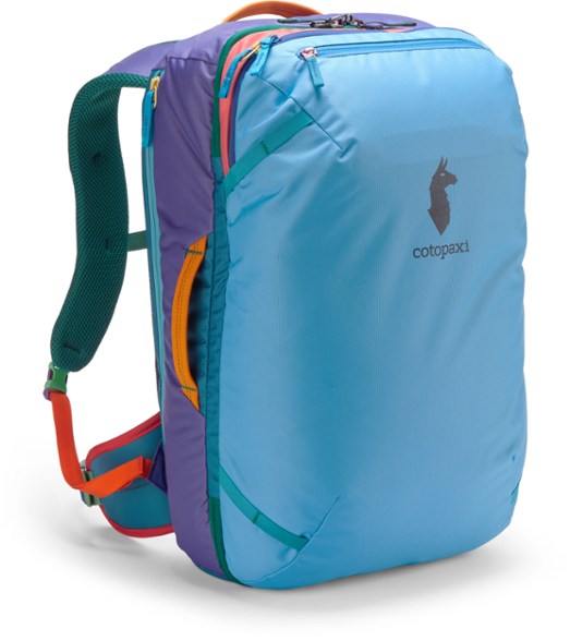 Front view of the Allpa 35L travel backpack showing suitcase-style opening and colorful Del Día design