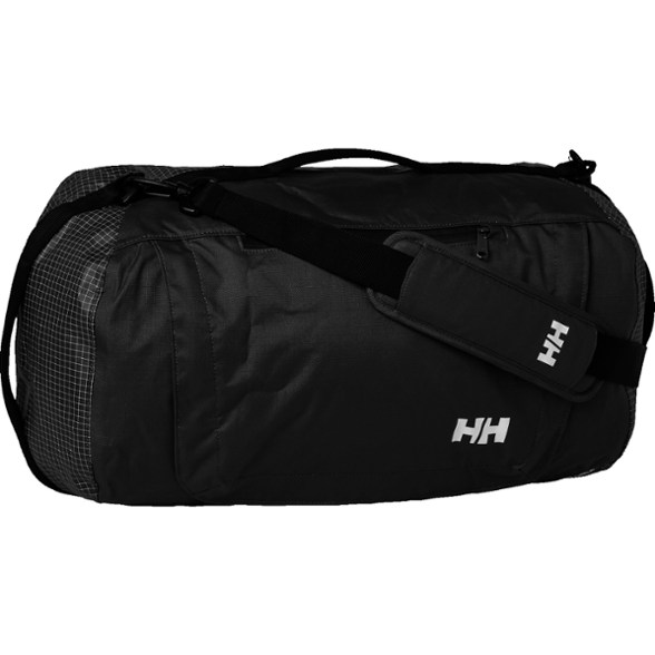 Helly Hansen 35L waterproof duffel bag with shoulder strap, unzipped to show interior