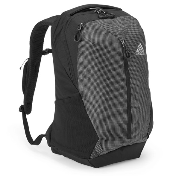 Front view of the Gregory Rhune 20 sustainable daypack, showcasing its sleek design and recycled material texture.