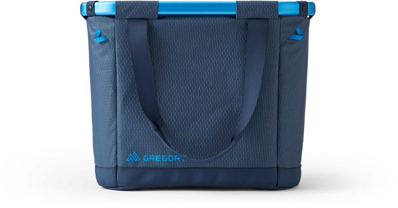 Gregory Alpaca 30L Collapsible Travel Tote standing open, full of camping gear, showcasing its spacious interior and durable handles.
