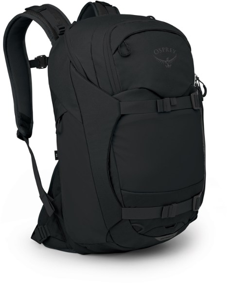 Front view of Osprey Metron 24 Bike Backpack on a bike rack