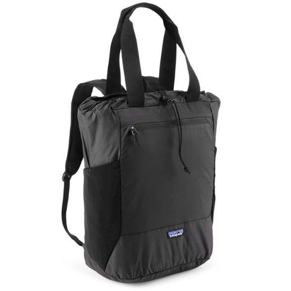 Patagonia Terravia tote pack in gray being worn as backpack