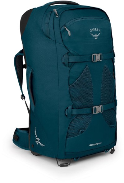 Front view of the women's wheeled backpack showing telescoping handle and compression straps