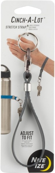 Cinch-A-Lot stretch strap wrapped around a water bottle with keys attached