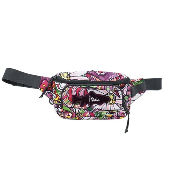 Fishe Salmon Hip Pack displayed on a hiking trail, showing its adjustable belt and pockets.