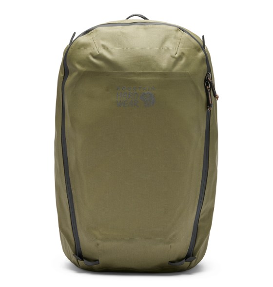 Front view of the Mountain Hardwear Simcoe 20L waterproof backpack in an urban setting, highlighting its sleek design and waterproof zippers.
