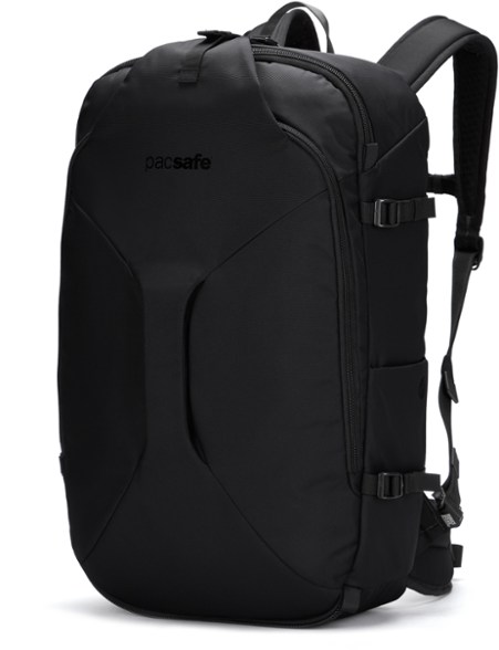 Front angle of travel backpack showing lockable zippers and RFID pocket