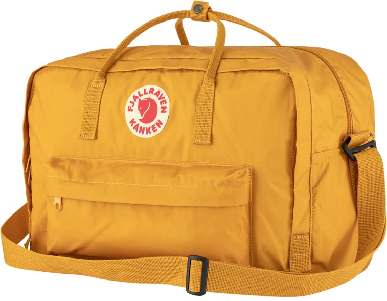 Fjallraven Kanken Weekender Duffel bag in use as a backpack, showcasing versatility for travel.