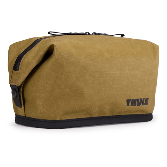 Travel toiletry bag with hanging strap, made from durable waxed canvas