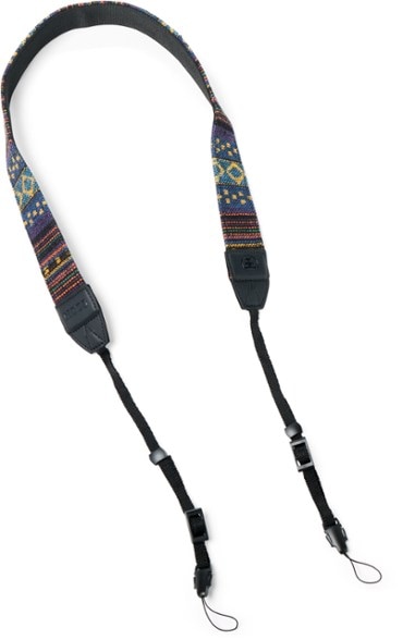 Close-up of the woven tapestry pattern on the durable camera strap