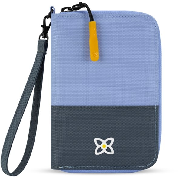 Front view of Sherpani Rio RFID wallet in eco recycled nylon, showcasing card slots and wristlet