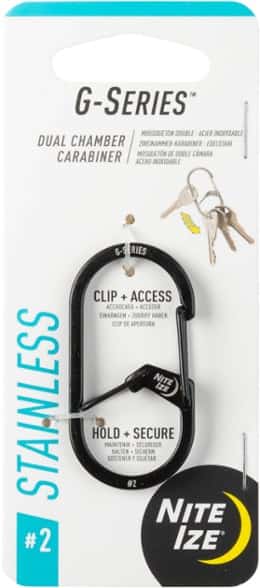 G-Series Dual-Chamber Carabiner Keychain clipped to a backpack