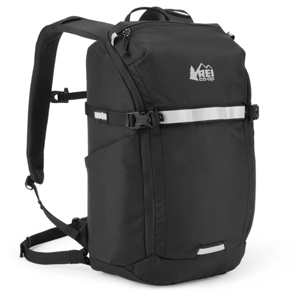 Urban Commuter Pro Backpack worn by cyclist on city street, showing hydration tube and laptop compartment