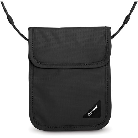 Close-up of the black RFID neck wallet with adjustable strap and RFID-blocking material