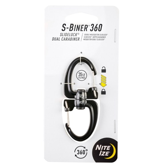 Close-up of Nite Ize S-Biner 360 SlideLock dual carabiner clipped to a backpack