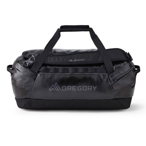 Gregory Alpaca 40L duffel bag in black, showcasing its durable, waterproof exterior and large main opening.