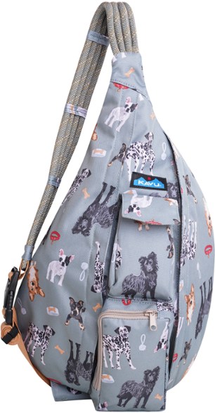 Close-up of the KAVU Rope Sling Bag showing the water-resistant fabric and climbing rope shoulder strap