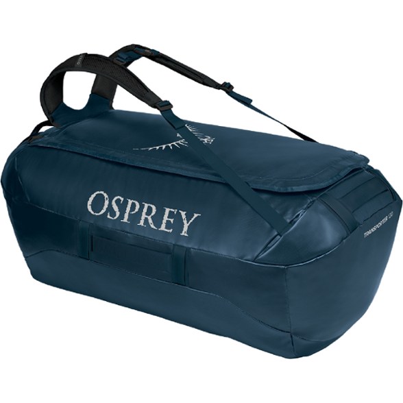 Osprey Transporter 120 duffel bag with backpack straps, showcasing its weather-resistant design