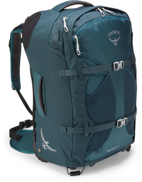 Osprey Fairview 36 Women's Wheeled Travel Backpack with wheels on a city street
