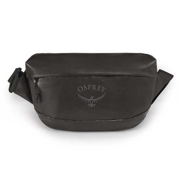 Osprey Transporter waist pack worn around the waist, showcasing its water-resistant design