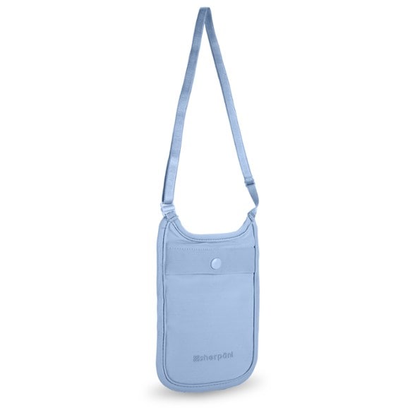 Front view of the Sherpani StealthGuard neck wallet worn discreetly under clothing