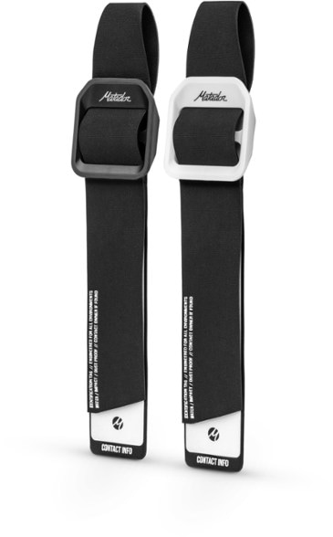 Close-up of Matador waterproof gear tags attached to a backpack