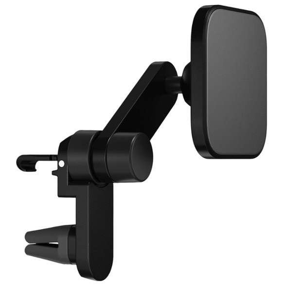 Peak Design Qi2 car vent mount attached to a car air vent, charging an iPhone