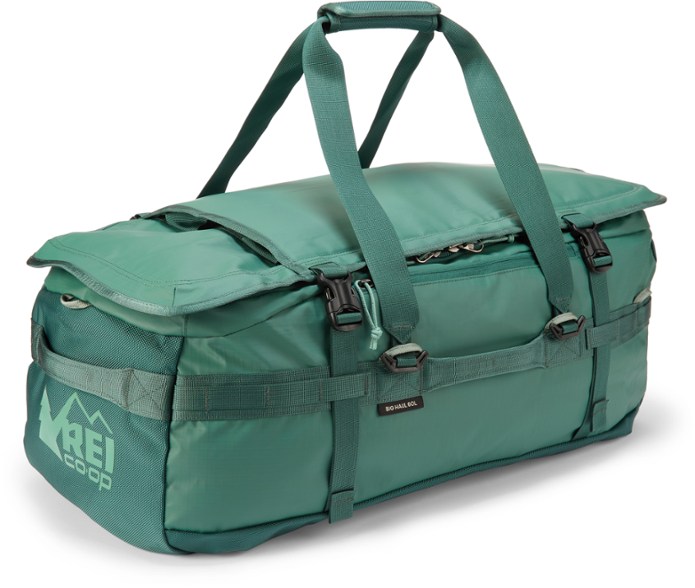 Waterproof 60L duffel backpack with backpack straps and multiple pockets