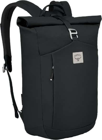 Osprey Arcane Roll-Top Backpack showcasing the roll-top design and aluminum buckle closure.