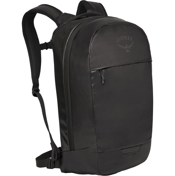 Front view of the Osprey waterproof backpack showing its panel-loader design and sleek black finish