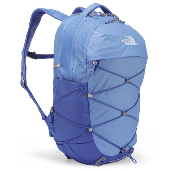 North Face women's Borealis backpack showcasing its padded straps and front bungee system.