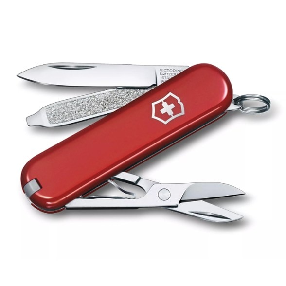 Swiss Army knife with scissors and tweezers open