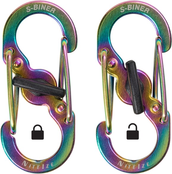 Front view of lightweight aluminum micro lock dual carabiner with twist lock