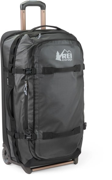 Angled front view of the rolling duffel bag packed for an outdoor trek