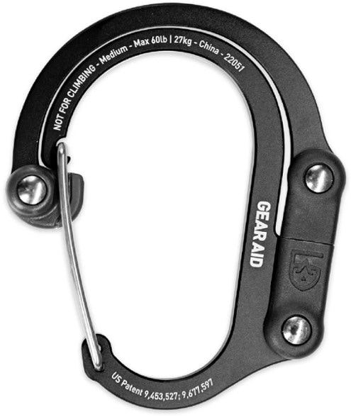 Versatile camping gear clip displaying the 360-degree rotating hook feature
