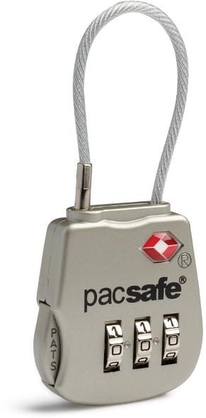 Close-up of SecureDial TSA 800 cable lock securing a suitcase zipper — travel lock in use