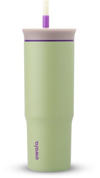 Close-up of the Owala insulated tumbler with straw and spout, showing the sleek stainless steel finish