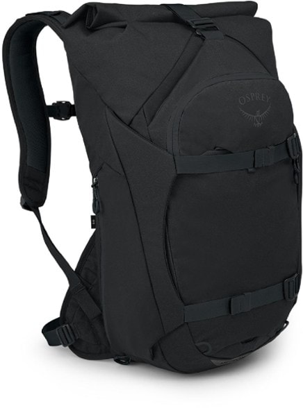 Front view of the Osprey Metron 22 roll top backpack, showing its sleek design and the roll-top closure, ideal for daily commutes.