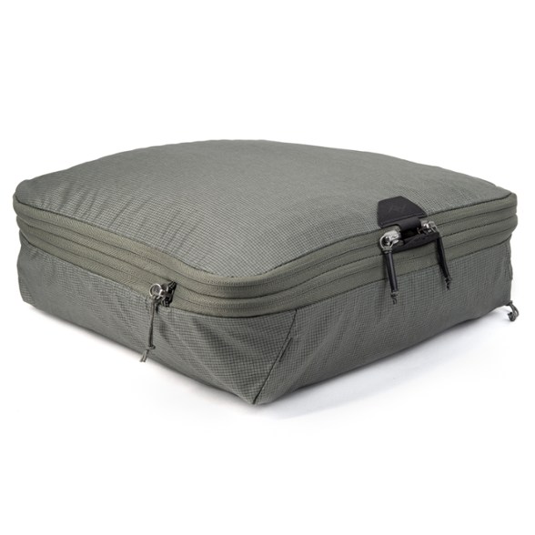 Peak Design medium packing cube open, showing divider for clean/dirty clothes