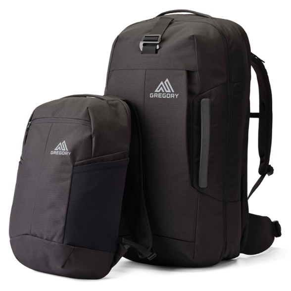Side view of the Gregory Border 50+15 travel pack, showcasing its sleek design and detachable daypack.