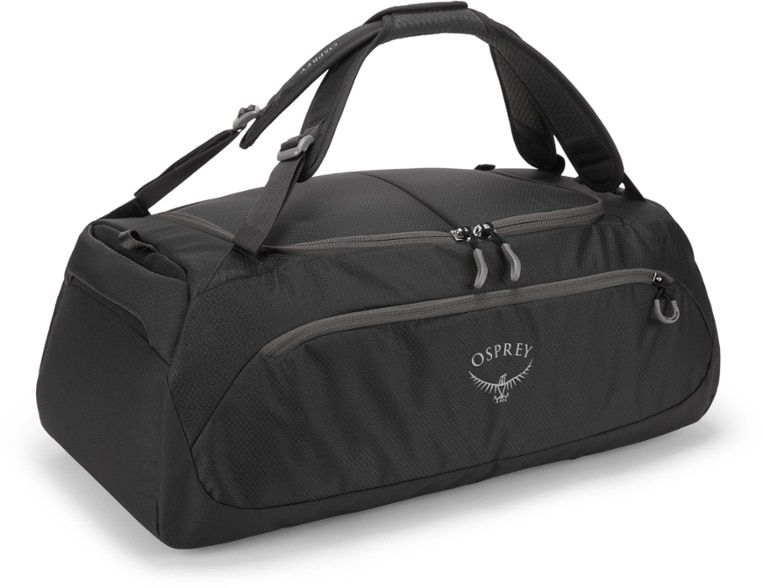 Versatile 45L travel duffel bag shown from the front with backpack straps.