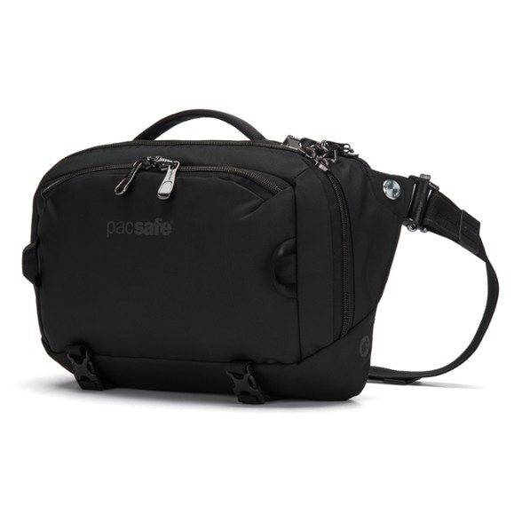 Front view of the black Voyager Secure Sling, showcasing its sleek design and two exterior pockets, perfect for a secure travel sling bag.