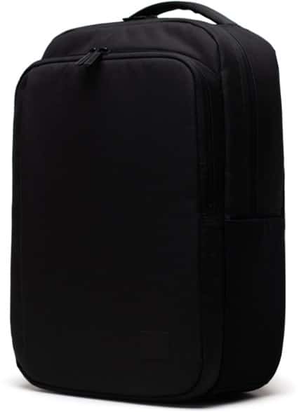Front view of the eco-friendly travel tech backpack, showcasing its sleek design and multiple compartments.