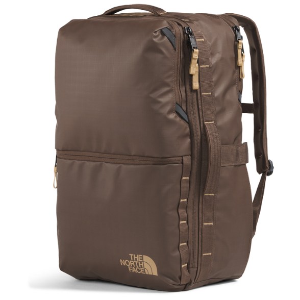 Front view of the Base Camp Voyager 35L Travel Pack in black, showcasing its sleek design and durable fabric, ideal for short trips.