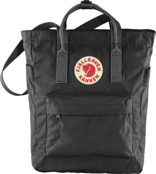 Fjallraven Kanken totepack worn as a backpack with laptop visible in sleeve