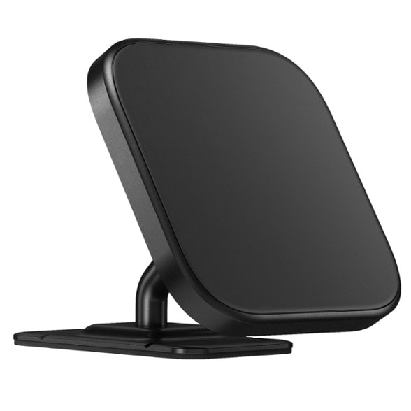 Close-up of Peak Design Qi2 car mount attached to dashboard with phone charging.